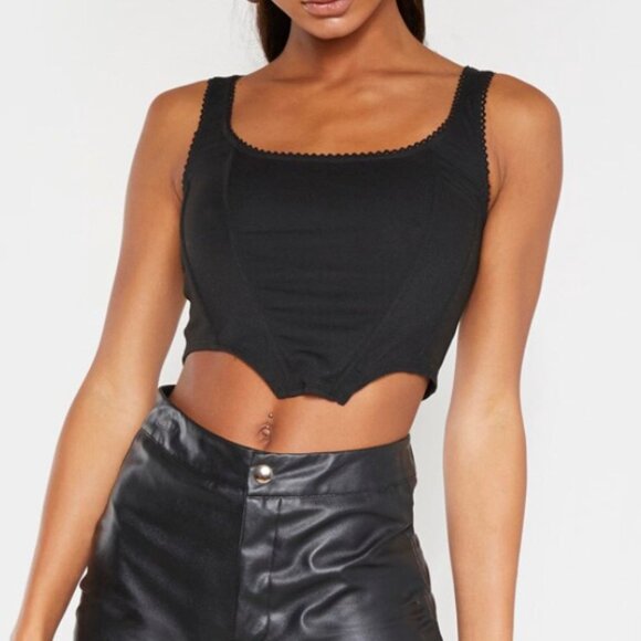 Pretty Little Thing BLACK WOVEN LACE TRIM BONED CORSET TOP Size S/4 - Picture 1 of 4